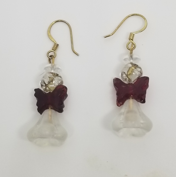 VINTAGE FROSTED GLASS & RED GLASS BEADED ANGEL DROP HOOK EARRINGS - Picture 1 of 4